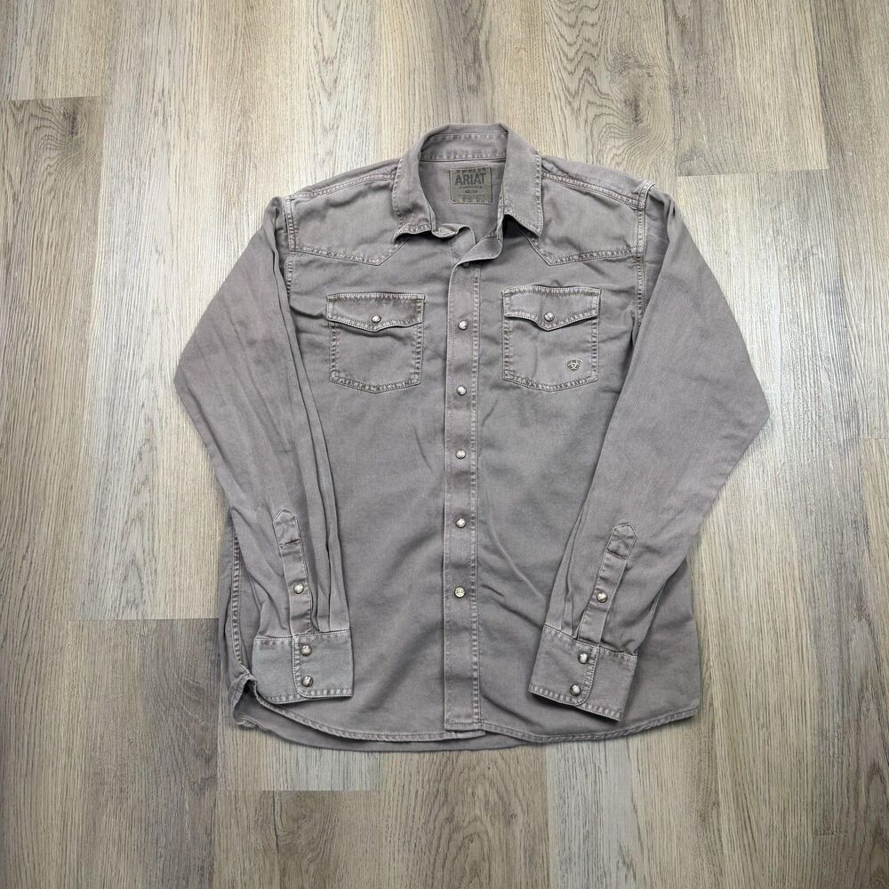 Ariat Shirt Mens Medium Gray Western Pearl Snap Long Sleeve Twill Casual Work